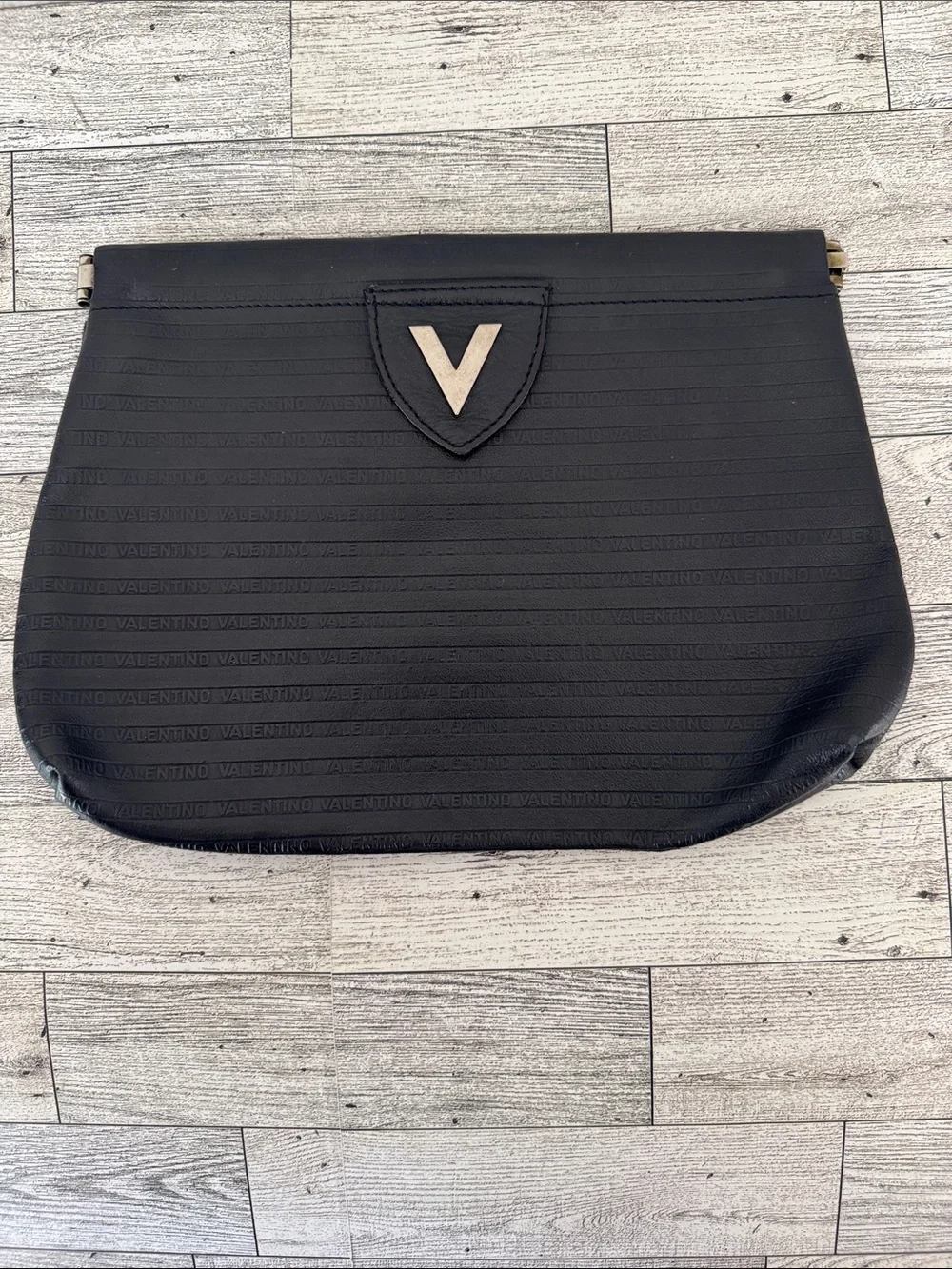 Vintage Mario Valentino Black Leather Logo Embossed Clutch